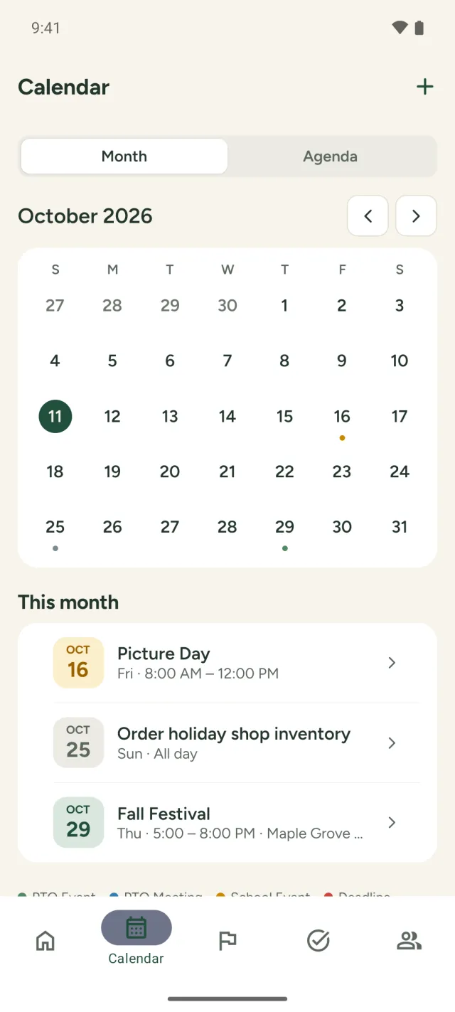PineBoard on an Android phone: the calendar, with events, school dates, and reminders