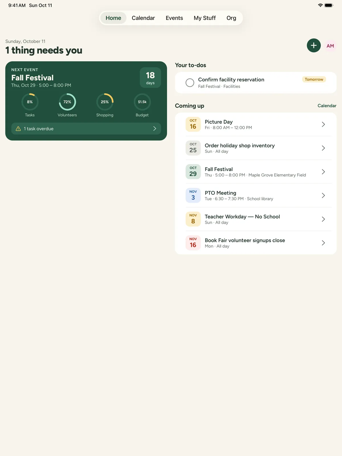 PineBoard on iPad: Home in two columns, with the next event, your to-dos, and what’s coming up