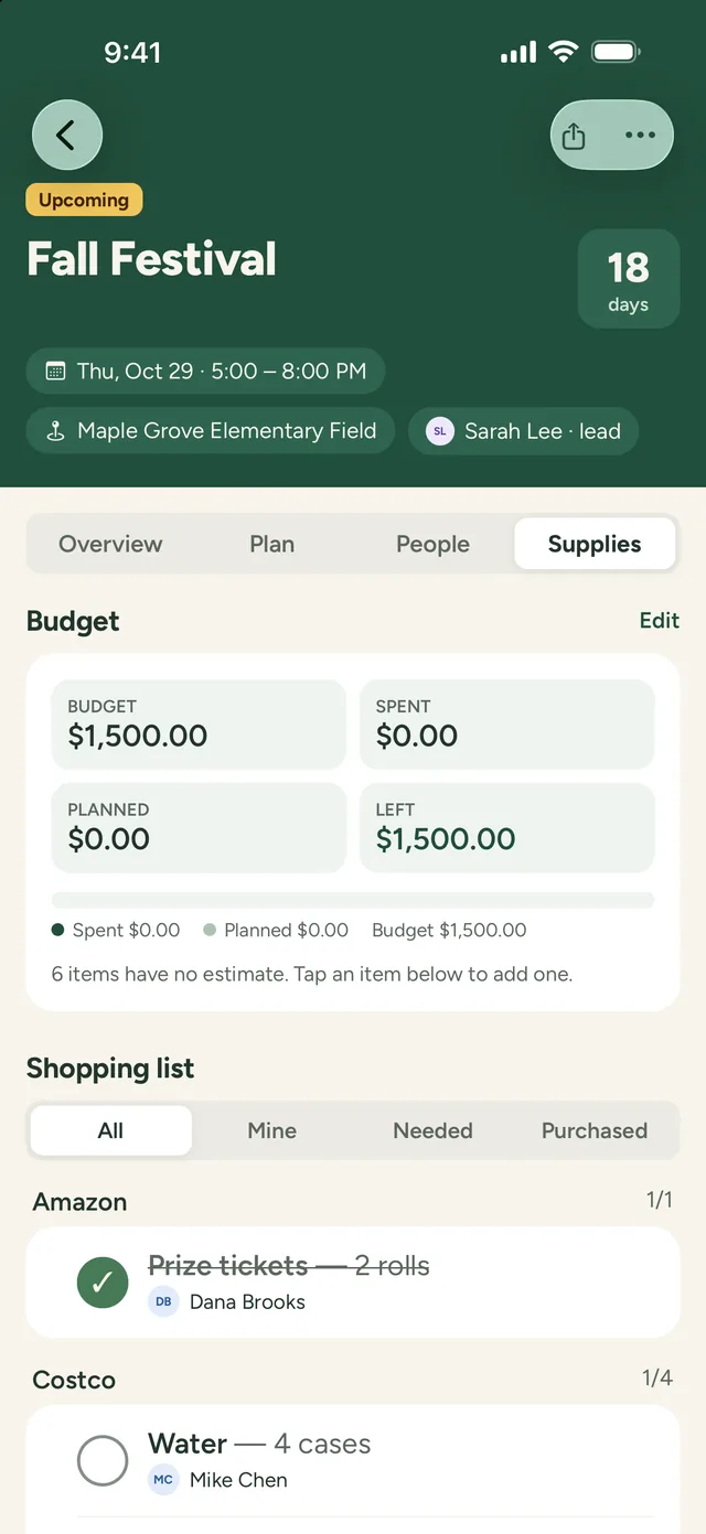 An event's Supplies tab: the budget and a shopping list grouped by store