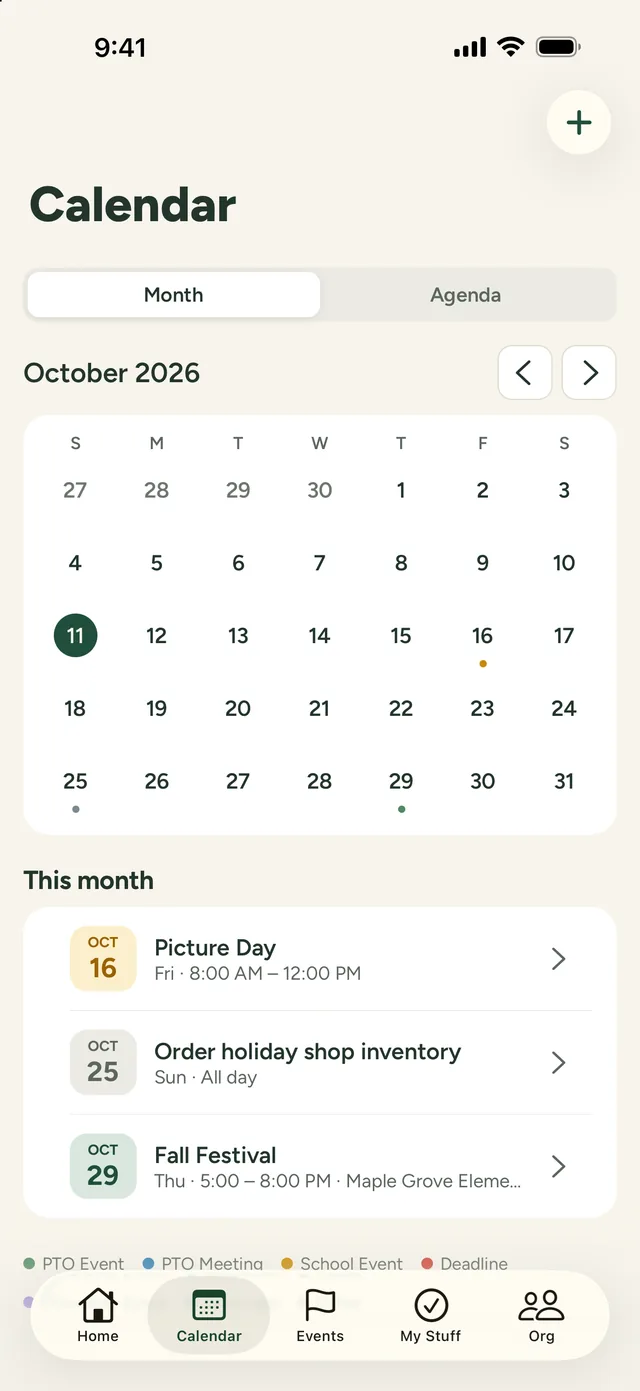 The calendar: a month view with PTO events, meetings, and school dates